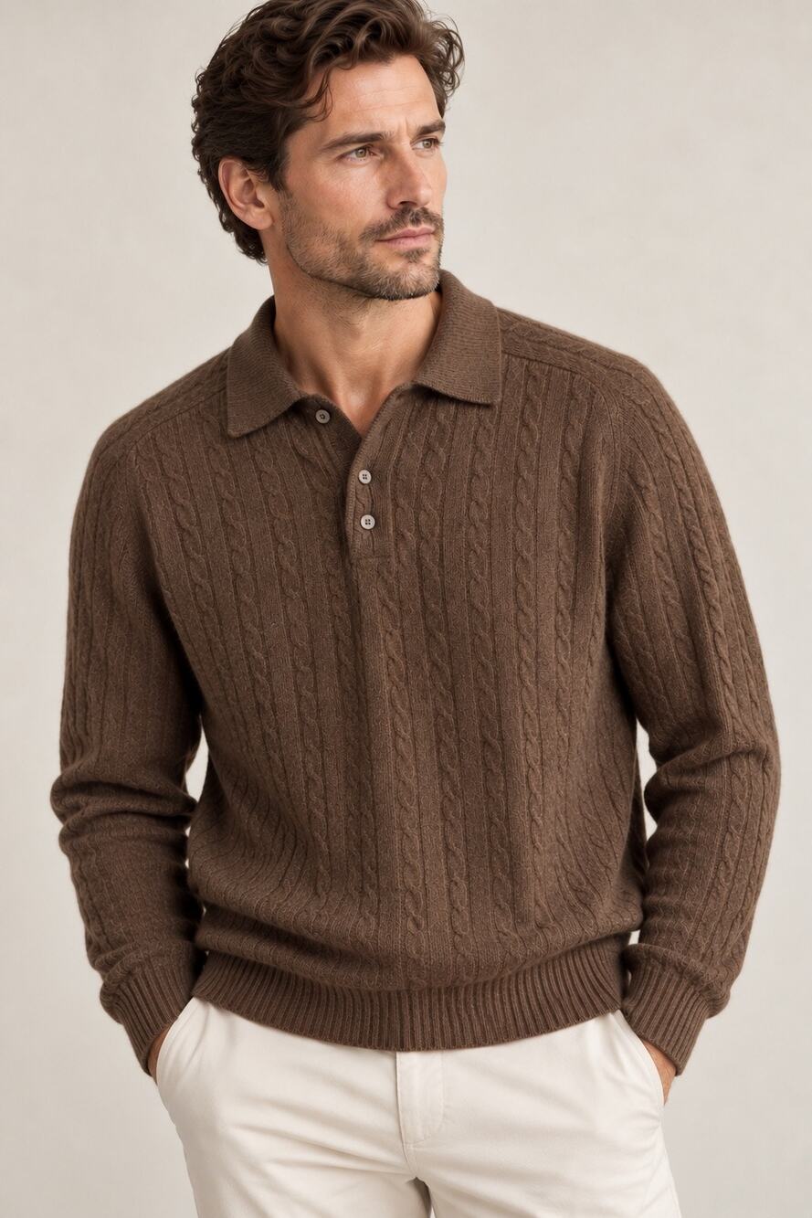 100% 2-Ply Cashmere Cable Knit Polo Sweater Brown Davis & Squire Men’s Large